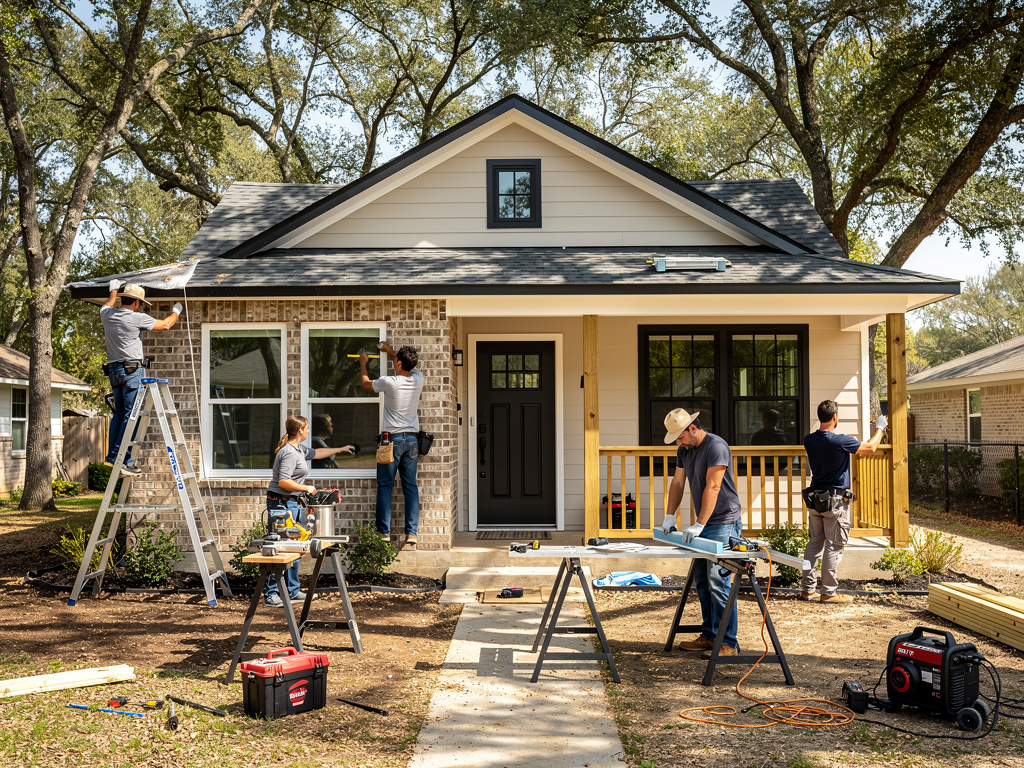 Construction crew renovating a small brick and siding house exterior with ladders, tools, porch repairs, and trees in the yard