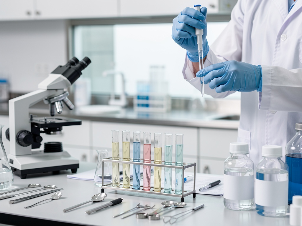 Scientist in laboratory using pipette with test tubes, microscope, and chemical samples