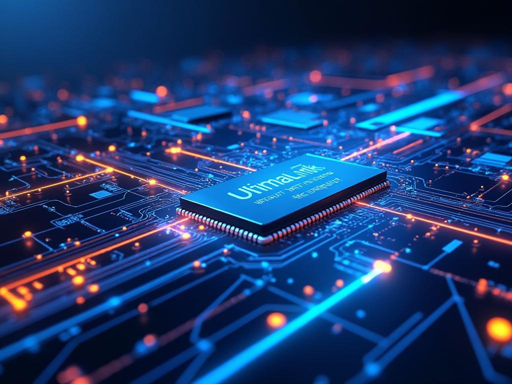 Close-up of a microchip on an illuminated circuit board with glowing lines and connections.