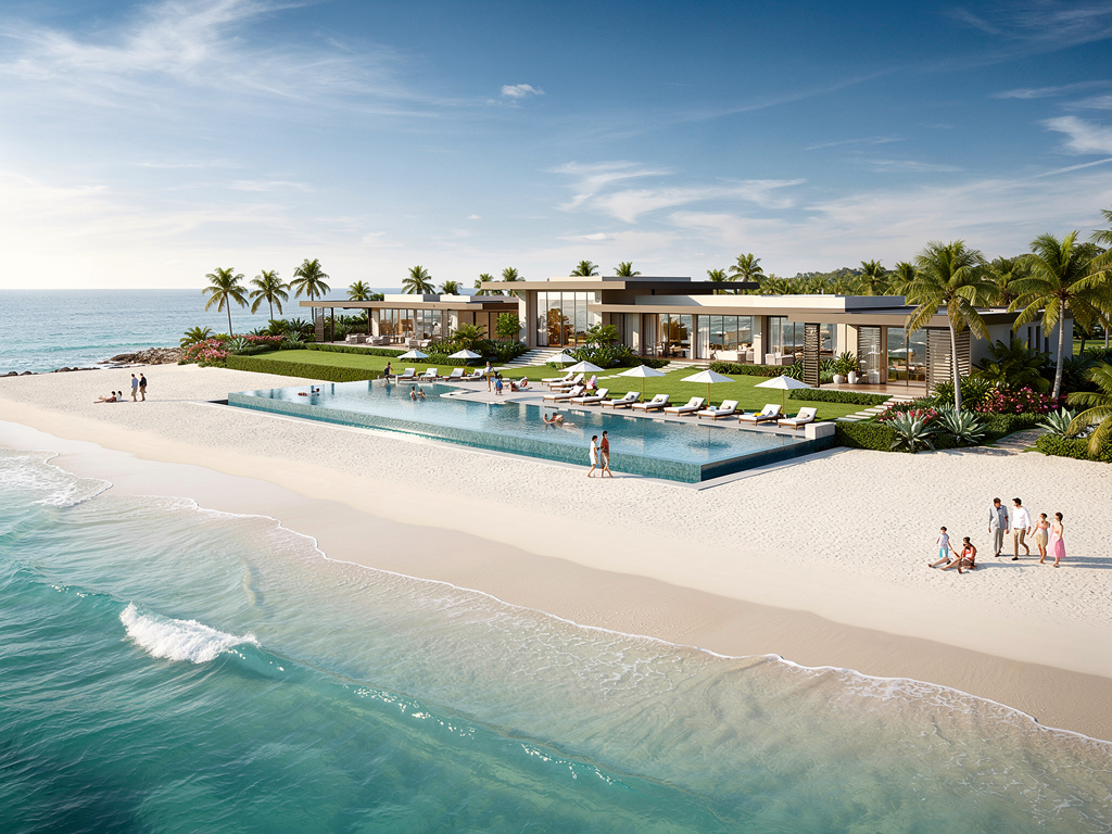 Luxury beachfront resort villa with infinity pool, palm trees, white sand beach, and turquoise ocean