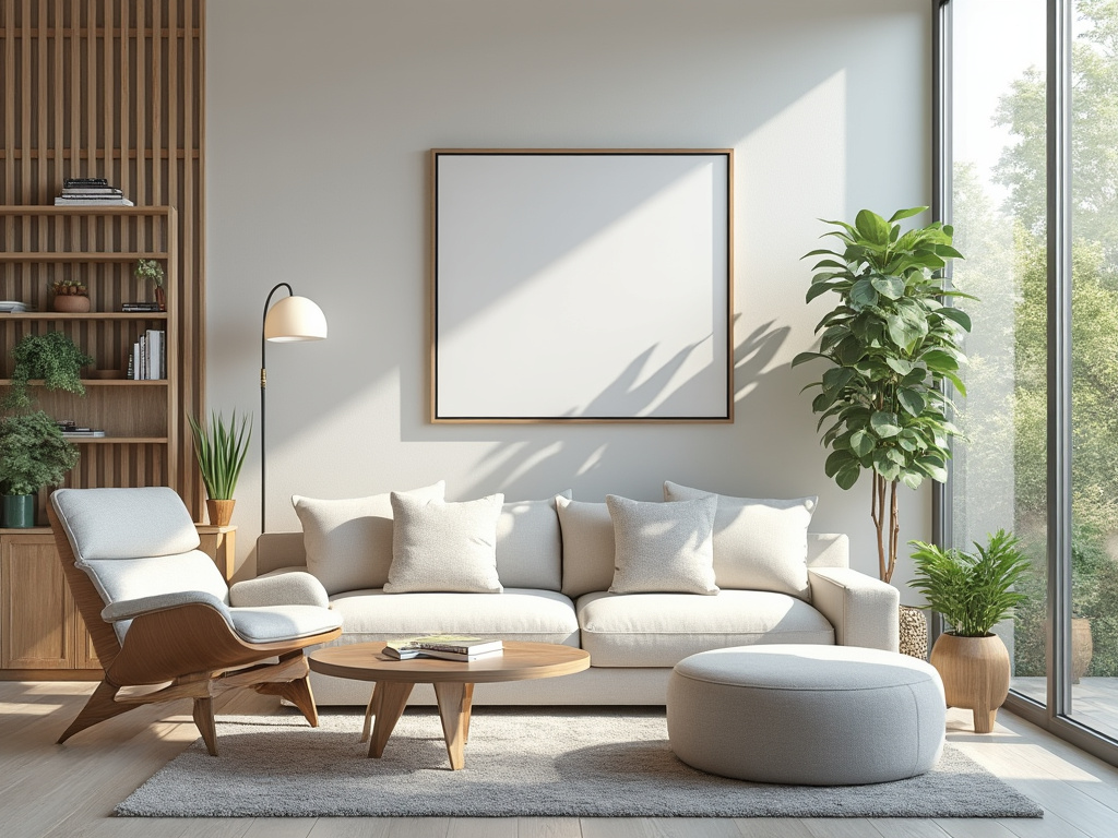 Moderner Wohnbereich mit hellgrauem Sofa, Sessel, rundem Couchtisch, Pflanzen und einem großen Fenster mit Blick ins Freie.
