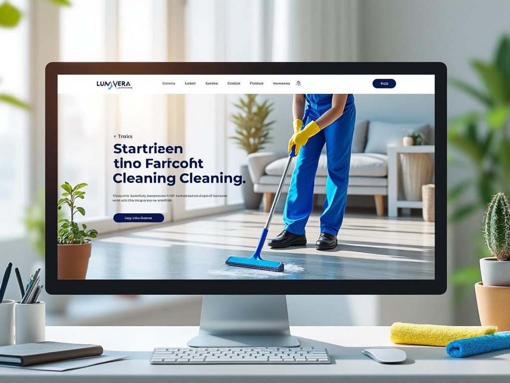 Computer screen displaying cleaning service website with person mopping floor, surrounded by desk items and plants.