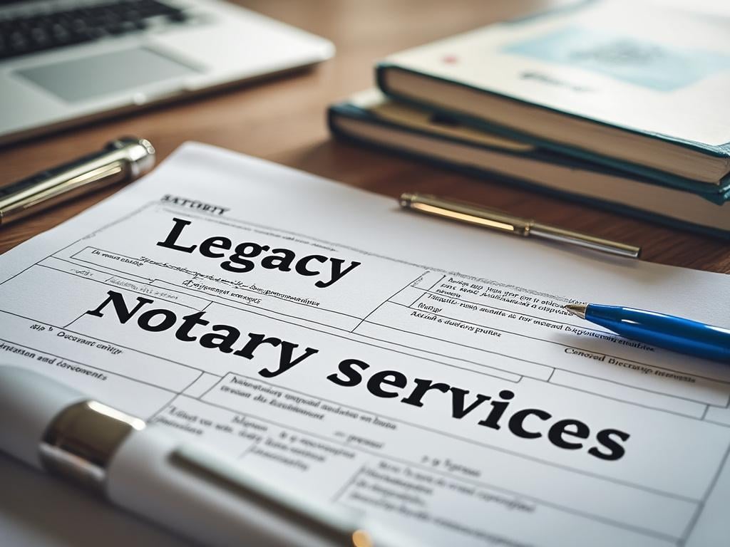Close-up of a notary services document labeled 'Legacy Notary Services' with a pen and laptop on a desk.