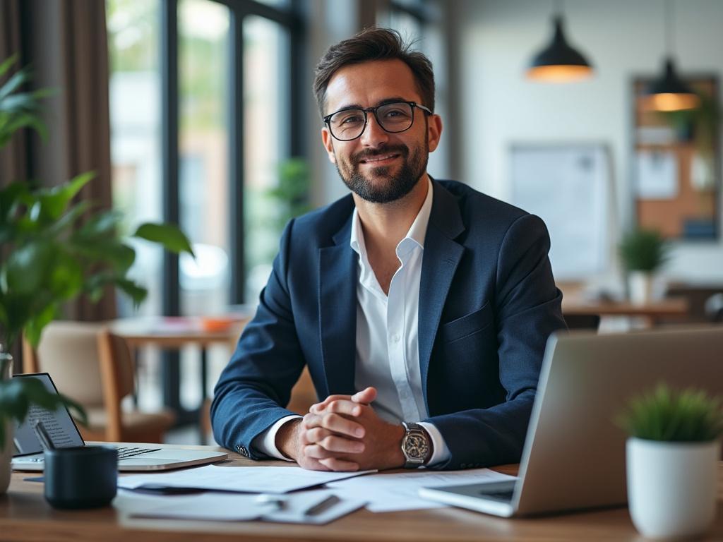 Smiling professional man in a suit sitting at a desk with a laptop and documents in a modern office setting.