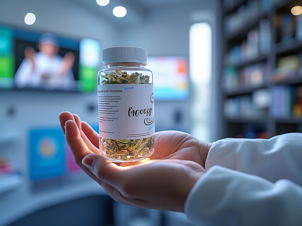 Person holding a bottle of dietary supplements in a well-lit pharmacy.