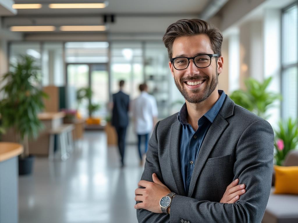 Smiling man in glasses and suit standing in modern office with plants in background.