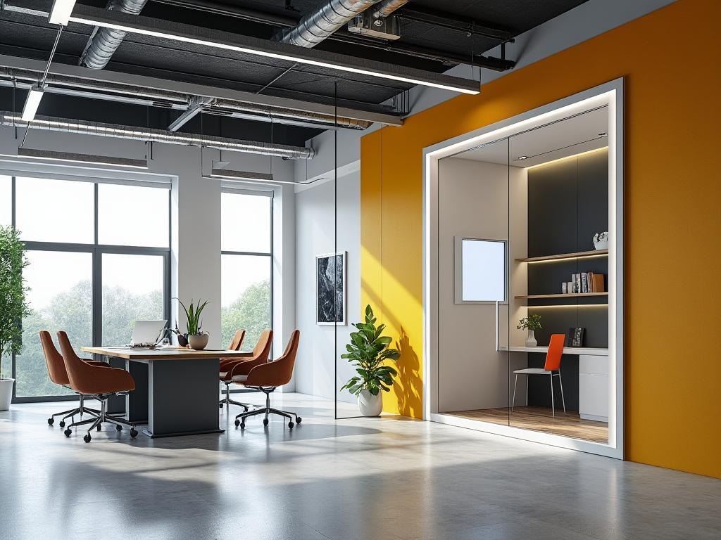 Oficina moderna con mesa de reuniones y sillas naranjas, detalles en amarillo y planta decorativa en un entorno luminoso.
