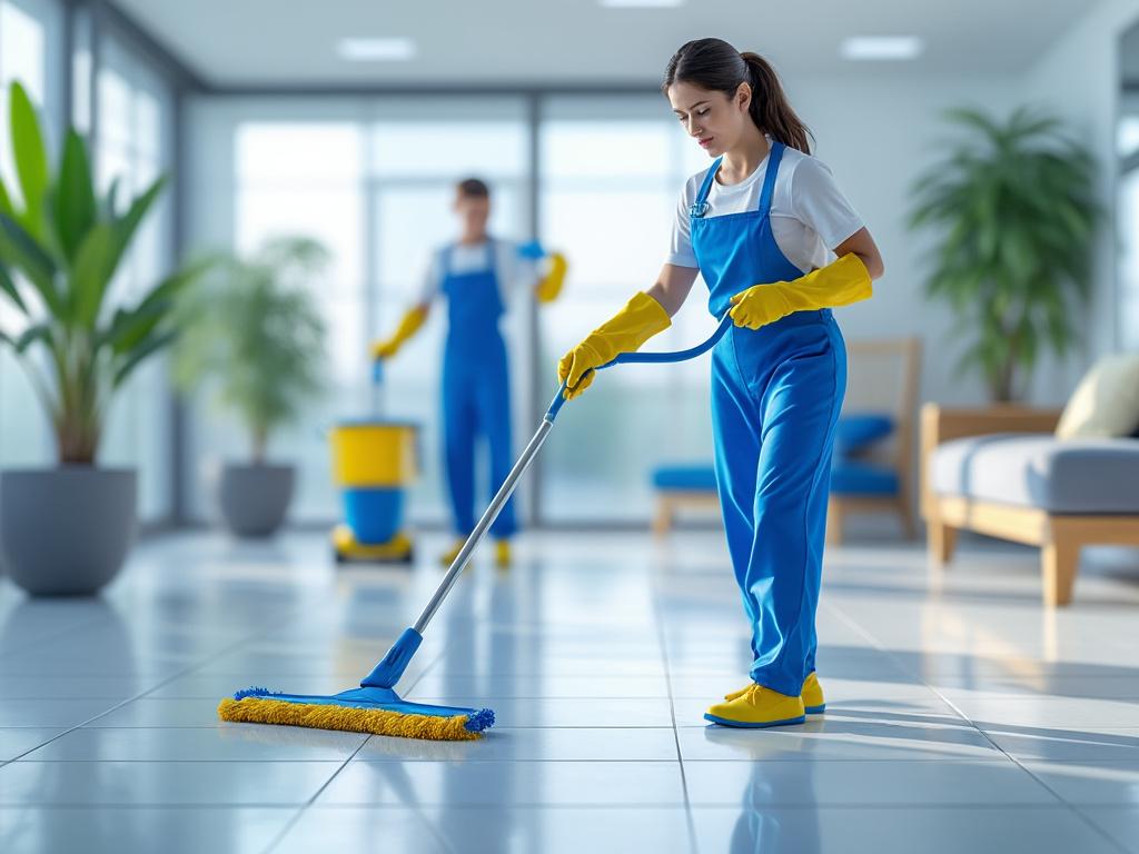 Two professional cleaners mopping a bright, modern office space with yellow gloves and blue uniforms.