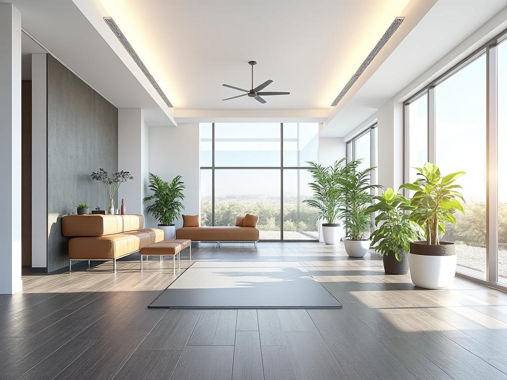 Sala de estar moderna con sofá marrón, plantas en macetas y grandes ventanales con vista al exterior.