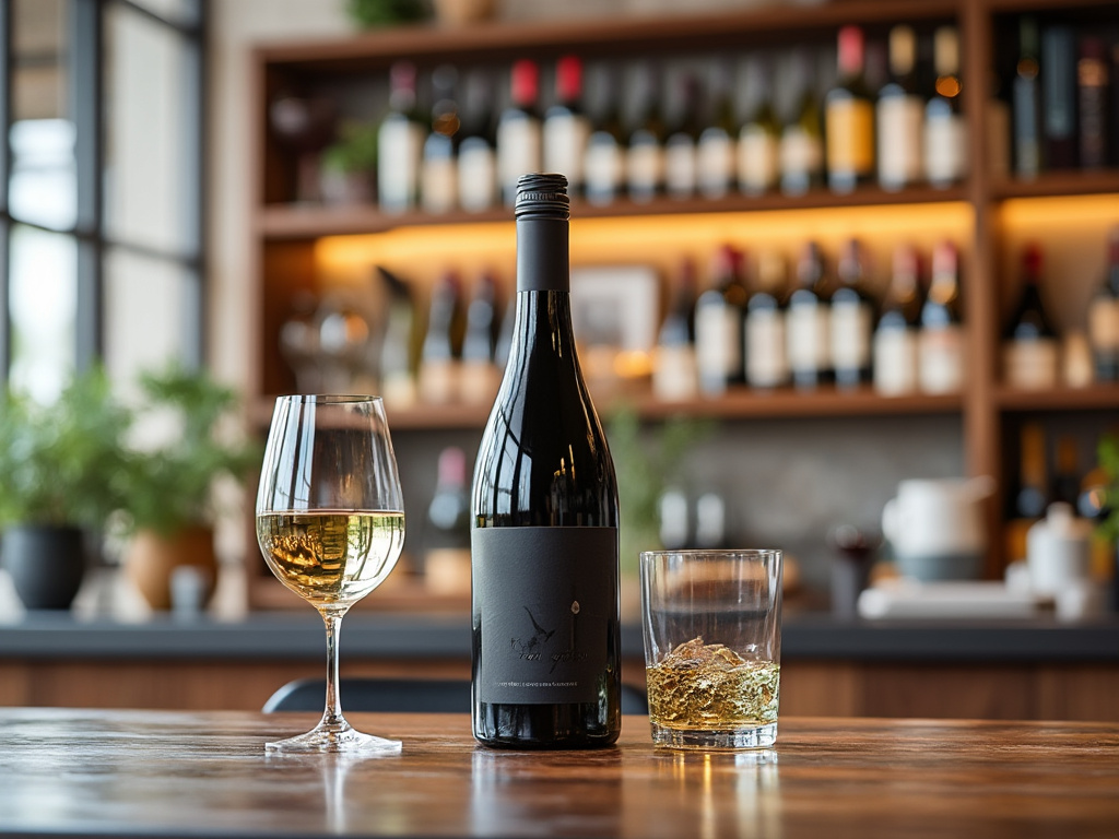 A wine bottle with a black label on a wooden table, flanked by a glass of white wine and a glass of whiskey, with a blurred background of a modern wine cellar.