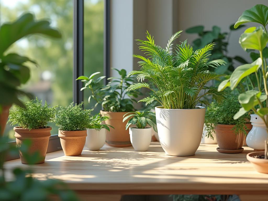Indoor plants in pots on a wooden table by a sunny window.