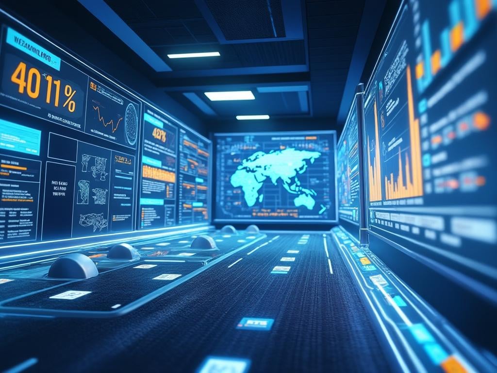Futuristic control room with multiple digital screens displaying graphs, world map, and data analytics.