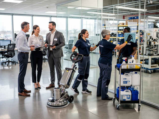 Commercial cleaning team using floor scrubber and supplies in modern office and industrial workspace