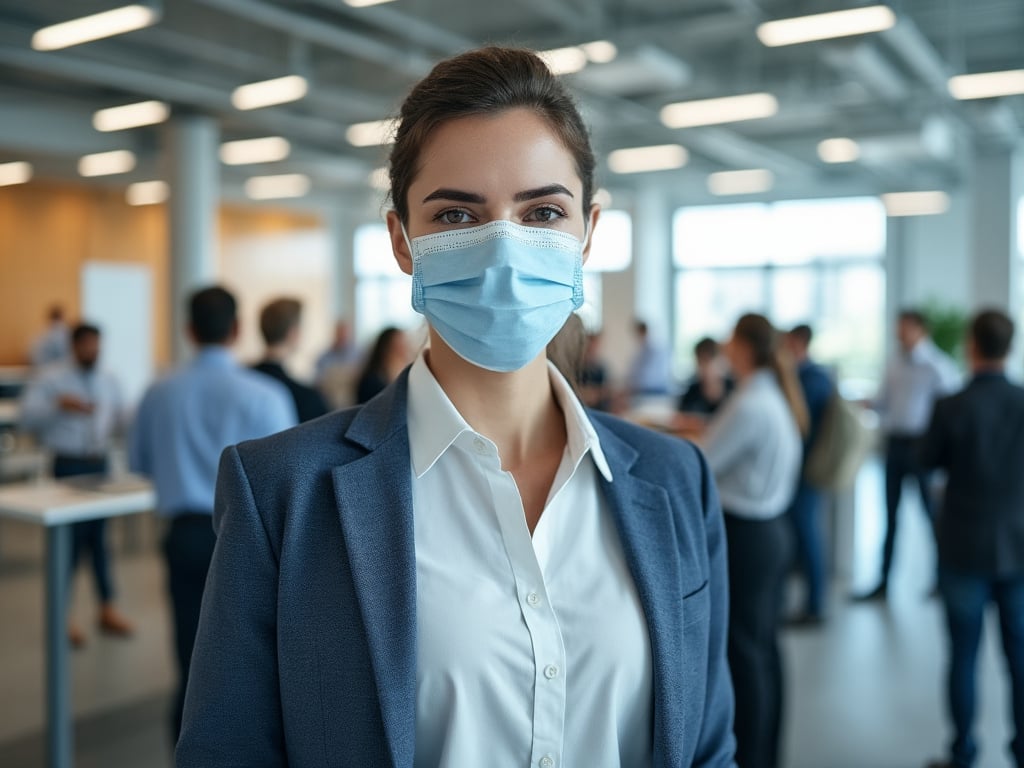 Professional woman in office setting wearing a face mask, with colleagues in the background.