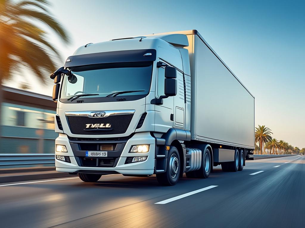 White semi-truck driving on a highway with palm trees and a clear sky in the background.