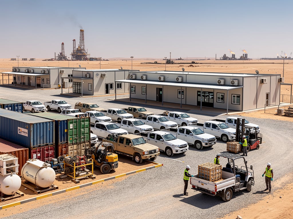 Desert oil and gas work camp with modular offices, parked fleet vehicles, shipping containers, forklifts, and drilling rigs in the background Desert oil and gas work camp with modular offices, parked fleet vehicles, shipping containers, forklifts, and drilling rigs in the background
