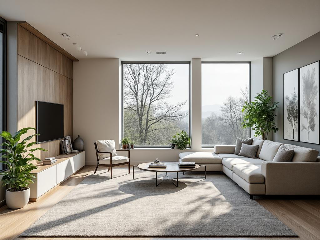 Modern living room with large windows, beige sectional sofa, wooden accents, indoor plants, and natural light creating a cozy atmosphere.