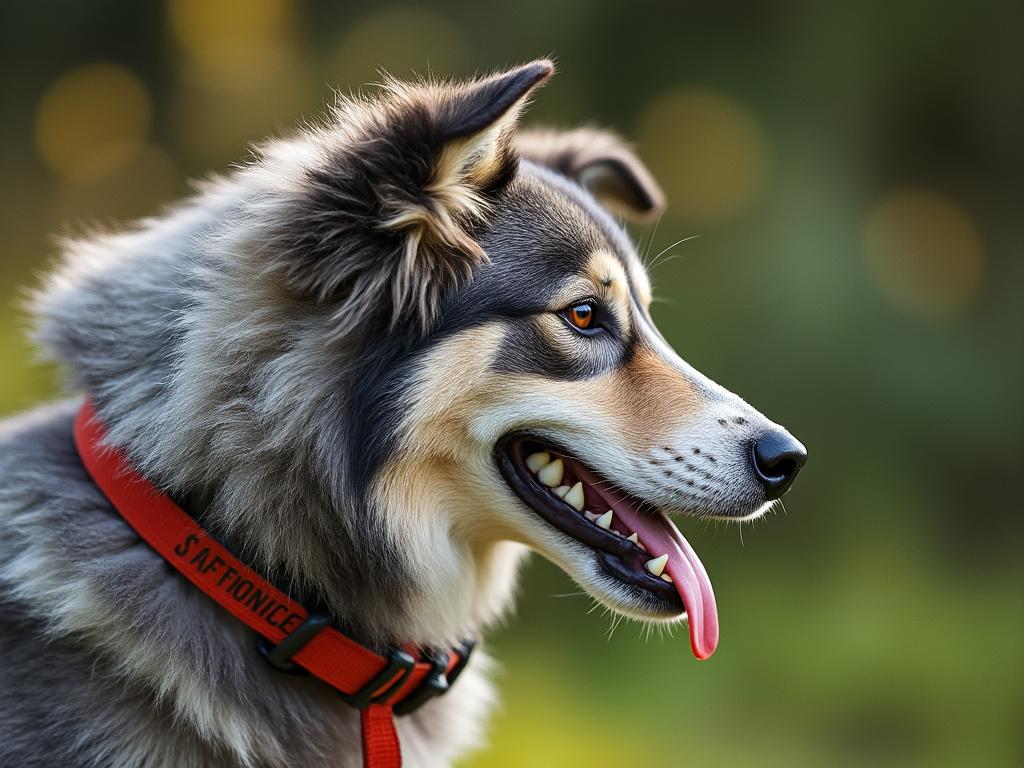 Profile of a happy dog with fluffy fur and a red collar, tongue out against a blurred natural background.