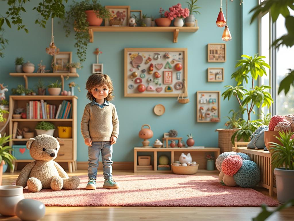 Child in cozy playroom with teddy bear, bookshelves, wall art, plants, and natural light.