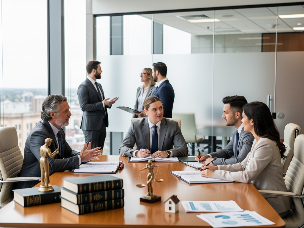 Corporate legal team meeting in modern conference room with lawyers discussing documents and law books