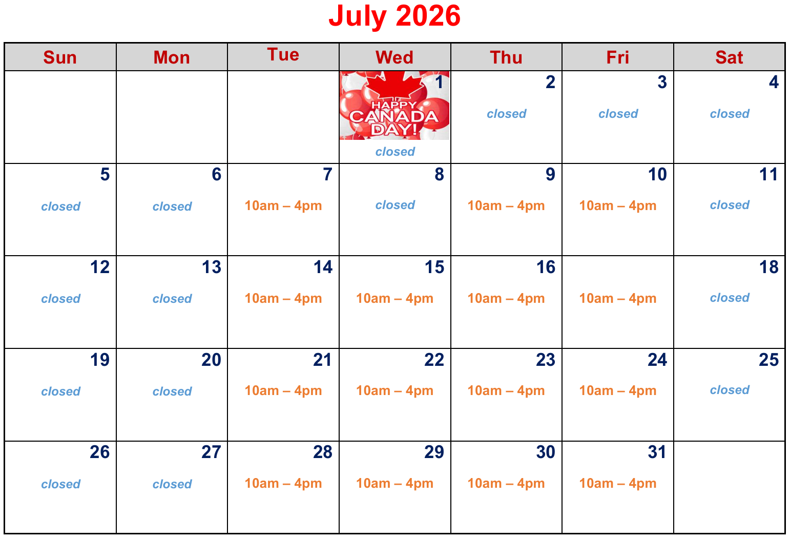 Clinic hours for this month