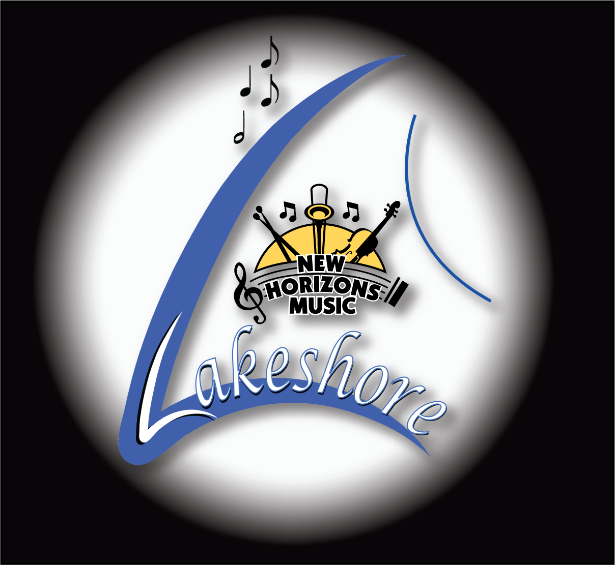 Lakeshore New Horizons in Music logo with musical notes and blue swoosh on beige background