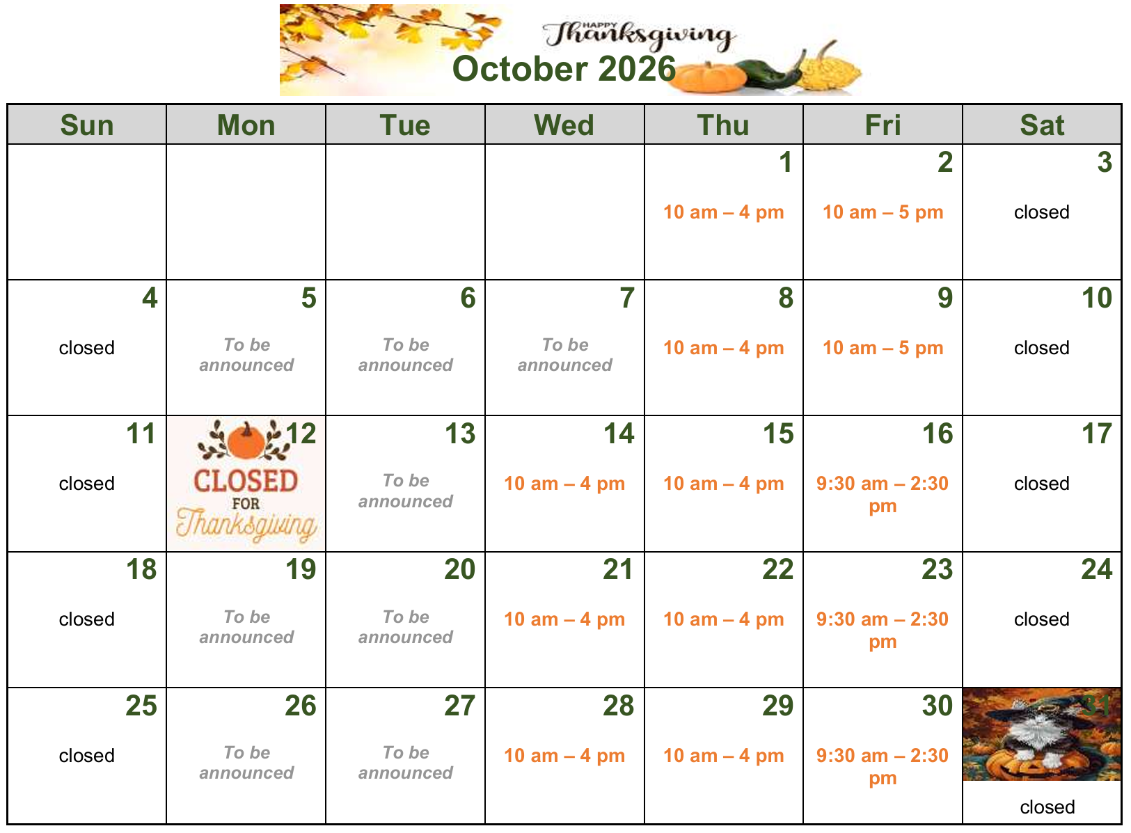 Clinic hours for this month
