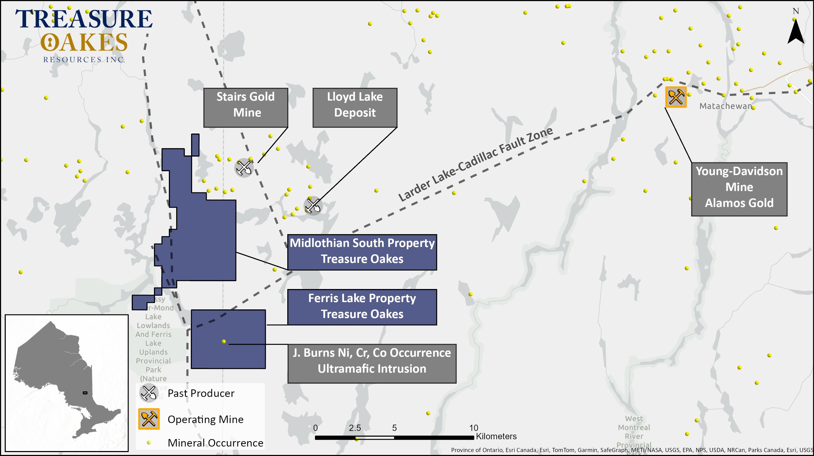 Map showing Treasure Oakes Resources properties near Matachewan, Ontario, highlighting Stairs Gold Mine, Lloyd Lake Deposit, Midlothian South Property, Ferris Lake Property, and Young-Davidson Mine.