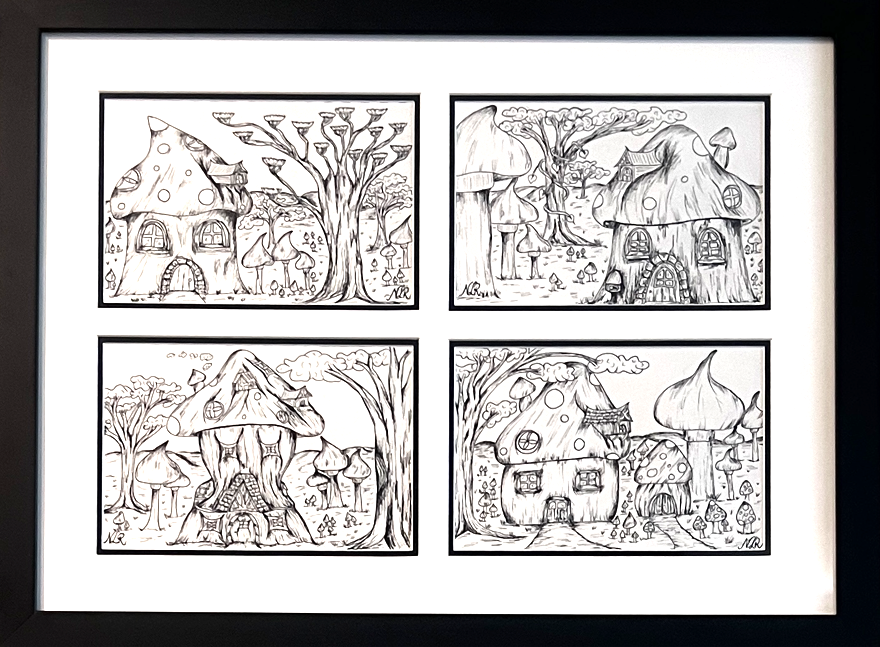 Modern living room with framed landscape painting, featuring mountains and lake, two armchairs, a coffee table, and indoor plants.