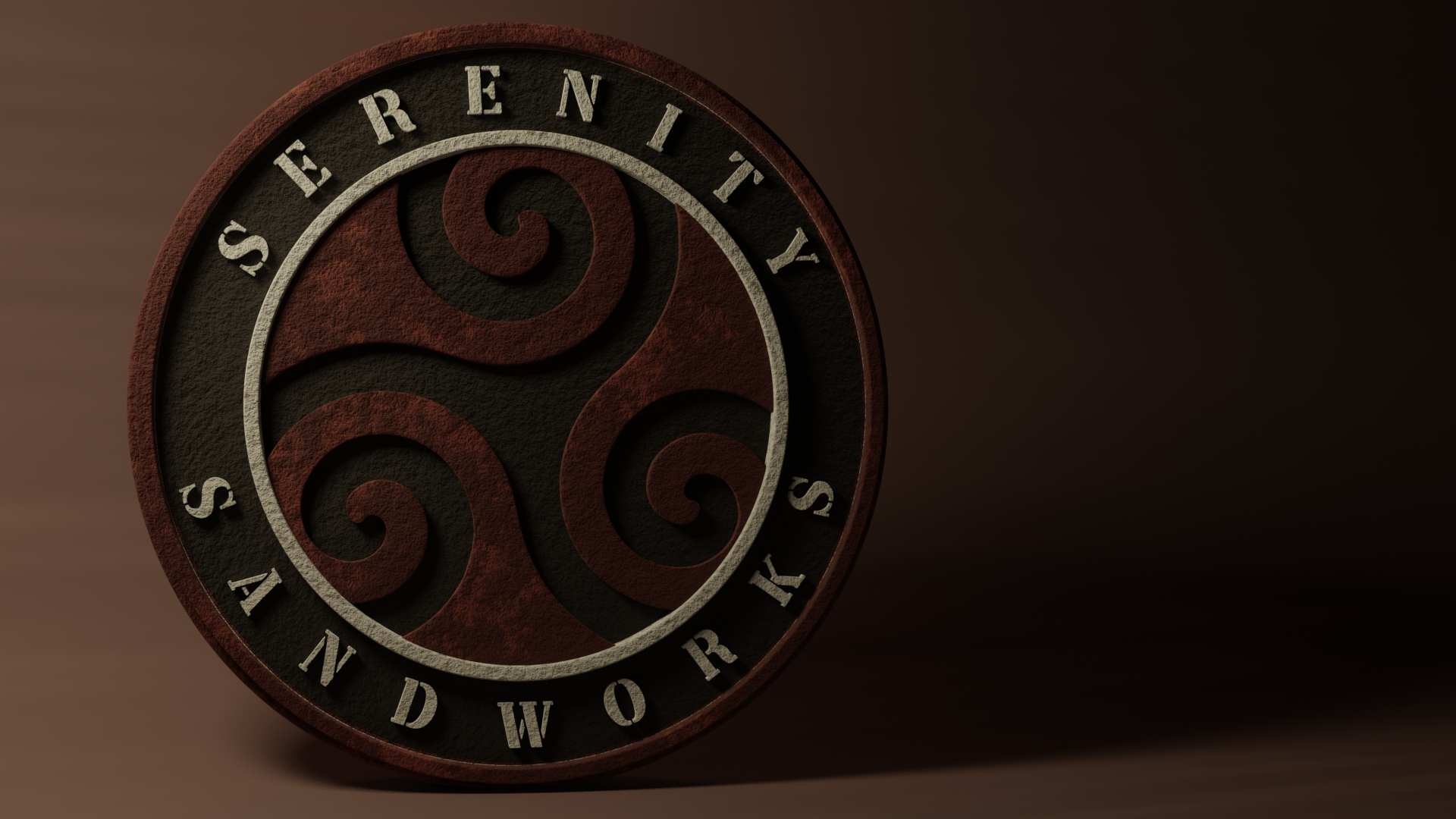 Logo of Serenity Sandworks featuring a circular design with an abstract spiral pattern on a textured background.