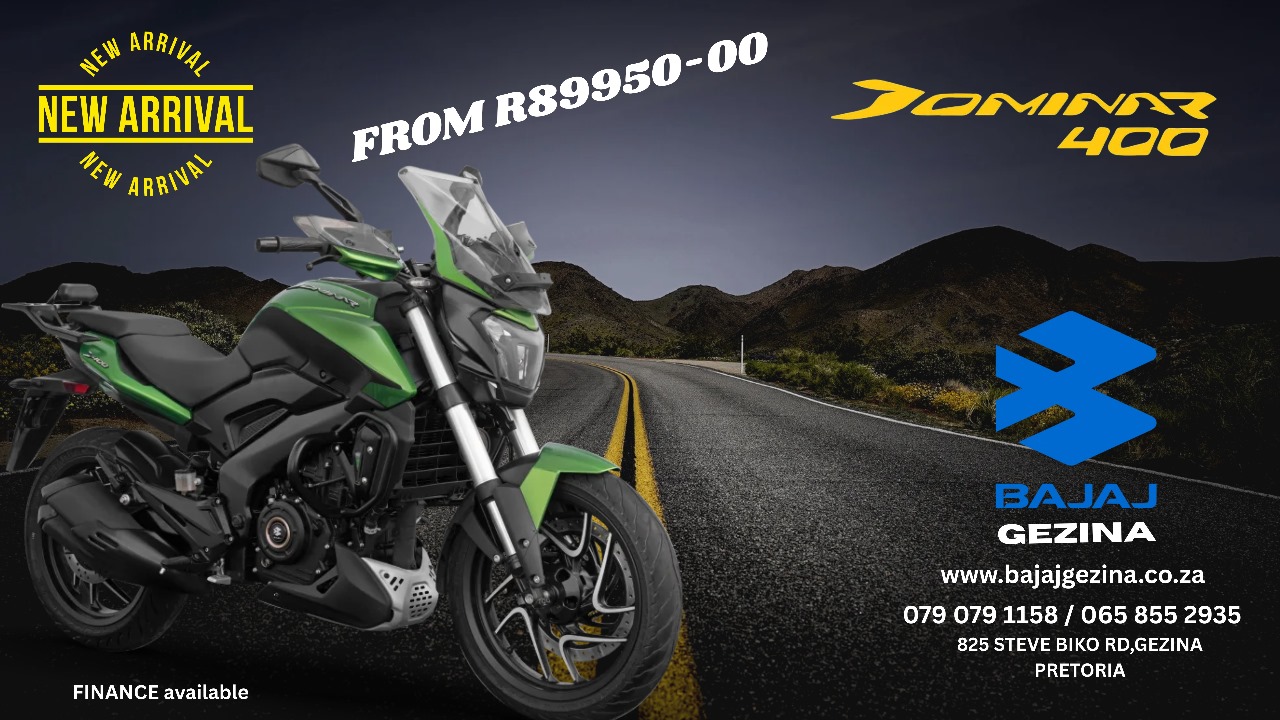 Green Bajaj Dominar 400 motorcycle on a scenic road, with pricing details and contact information from Bajaj Gezina.