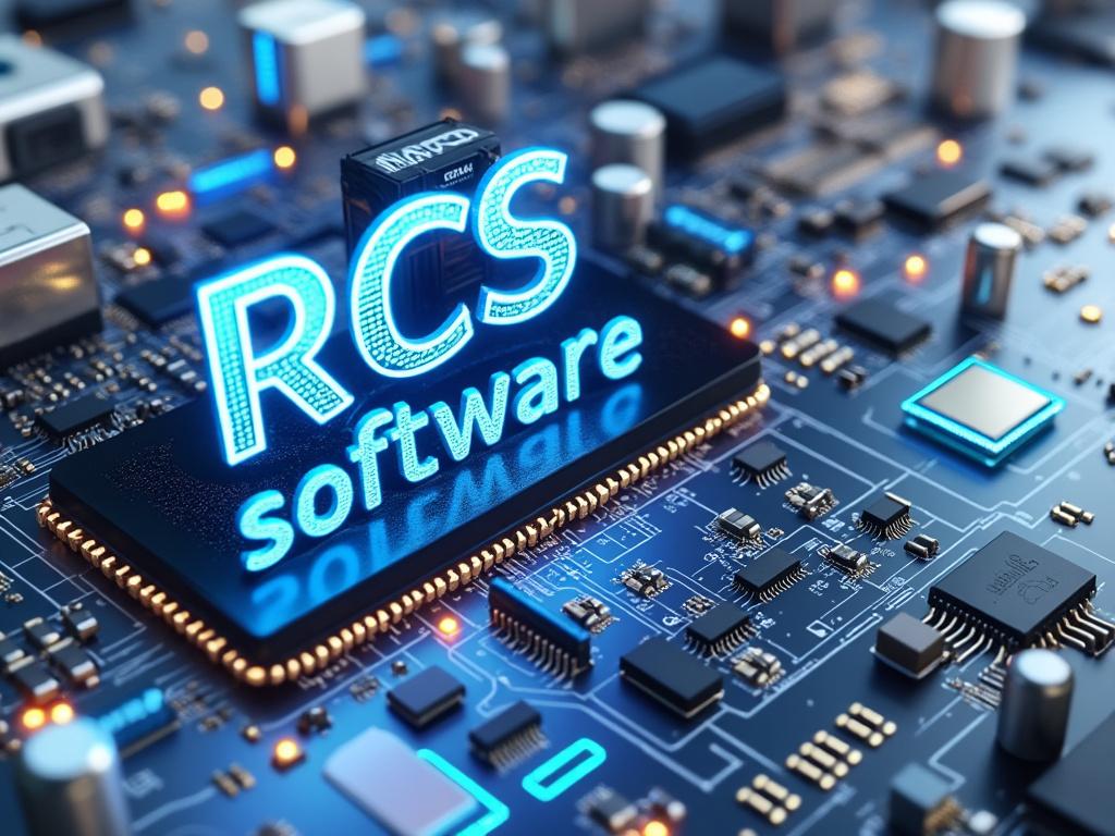 Circuit board with glowing text 'RCS Software' and electronic components.