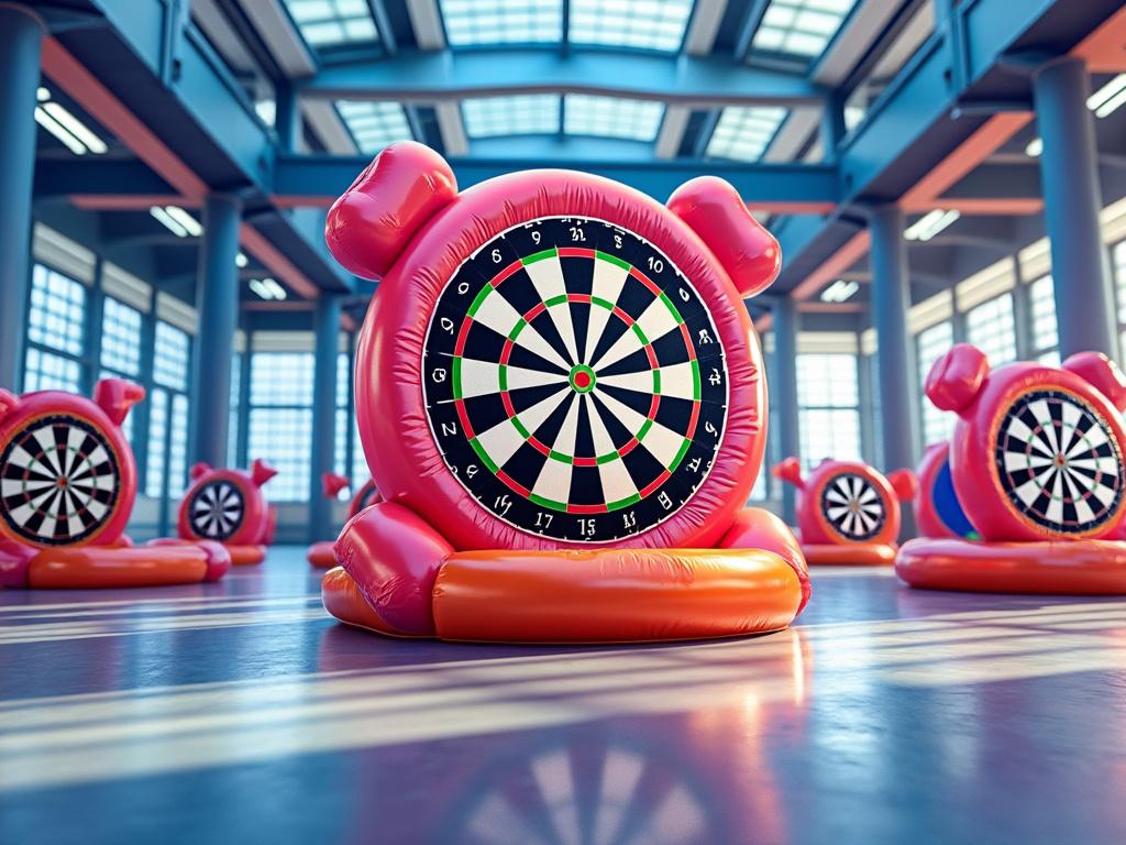 Colorful inflatable bounce house with slides in a grassy field, surrounded by trees and large plastic balls.