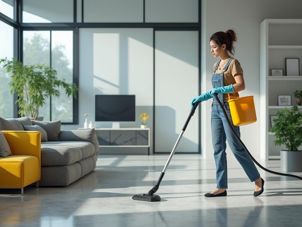 Woman vacuuming a modern living room, wearing gloves and holding a yellow cleaning bucket, with a bright couch, plants, and a TV in the background.