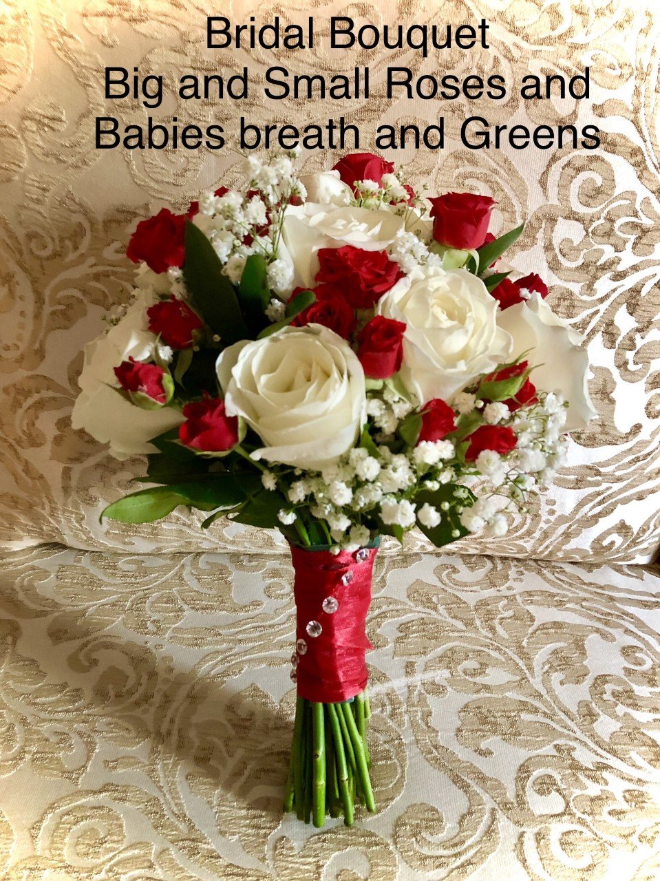 $140  Bridal Bouquet Big and small roses babies breath and Greens 