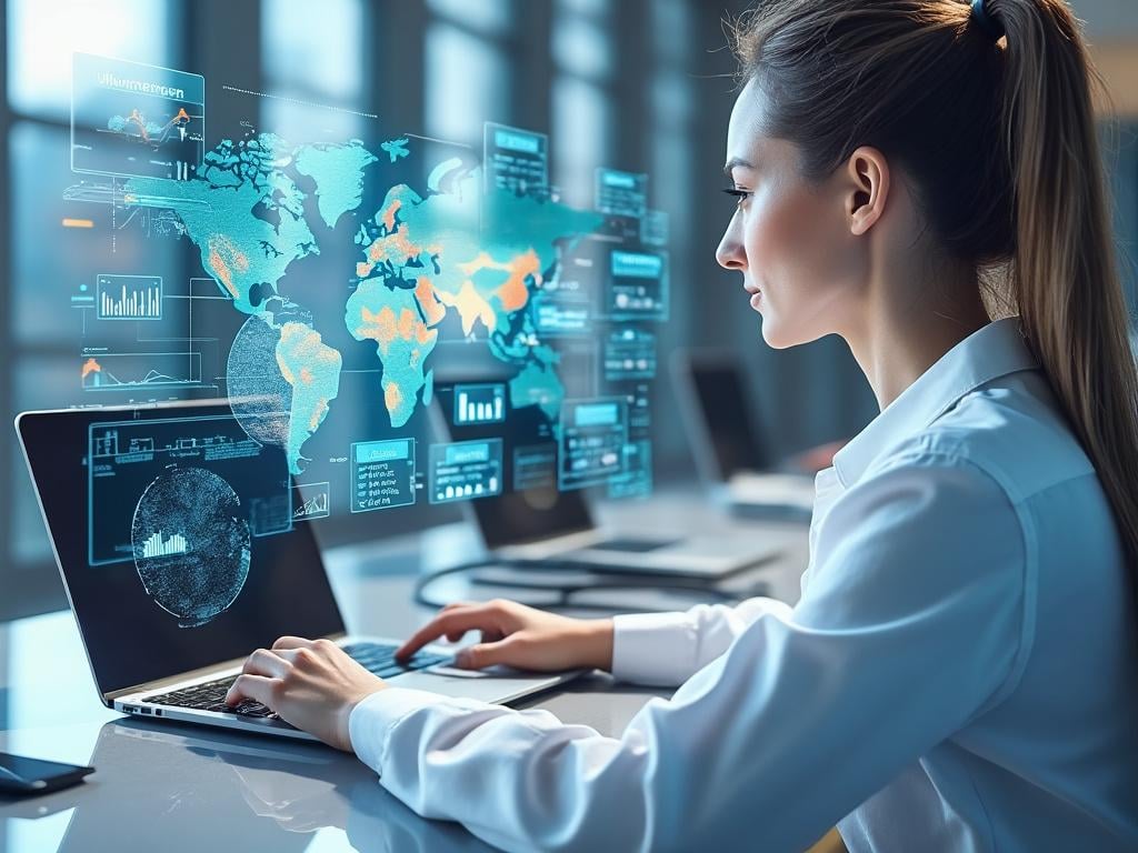 Woman analyzing digital data on futuristic screen in modern office.