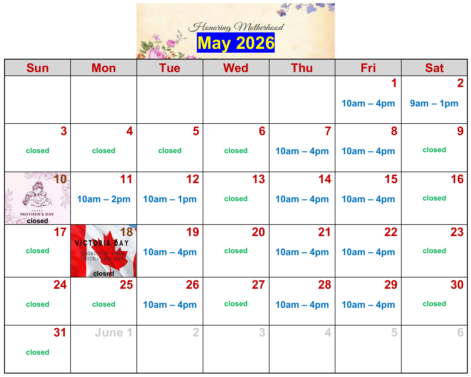 Clinic hours for this month