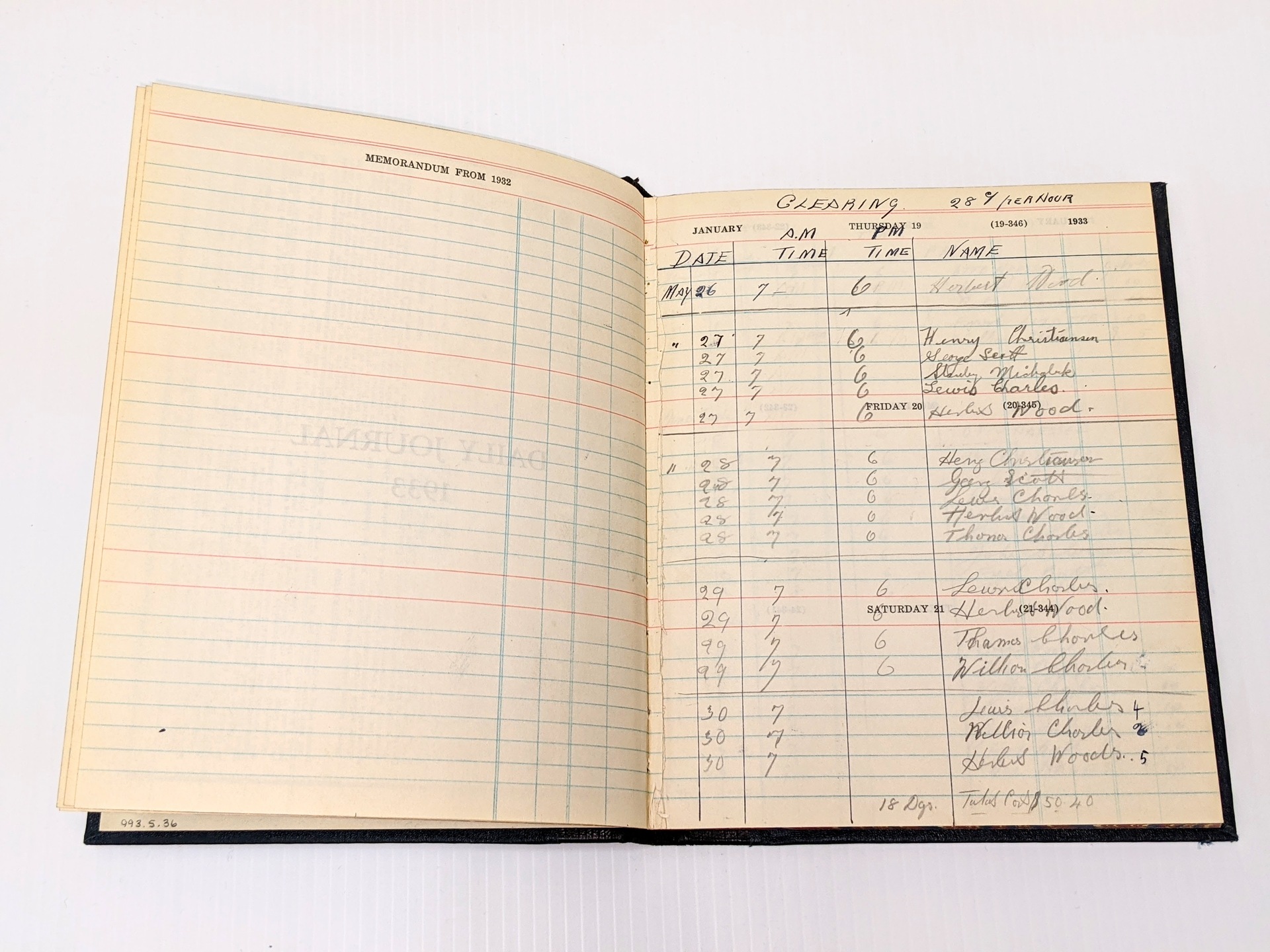 In keeping with the labour day long weekend, we have labour records from 1933! This journal comes from the experimental farm and notes the hours, wages, and individuals who were hired for "clearing". Considering this dates before the 1934 flood this clearing work would have been carried out at the Stony Point location of the Experimental Farm. It is interesting to note that the work day was 10hrs long and workers were paid 28ยข / hr for a total payout of $50.40. You will also notice inconsistency in the names of the paid labour - it is likely these individuals did not work at the farm full time rather were hired on for this task as they had availability. While we have a long weekend to commemorate labour and work this crew didn't have a weekend at all - the first day of work was Friday the 26th - working each day until Tuesday the 30th!
06/09/2021
1993.5.36 / Fort Vermilion Experimental Farm