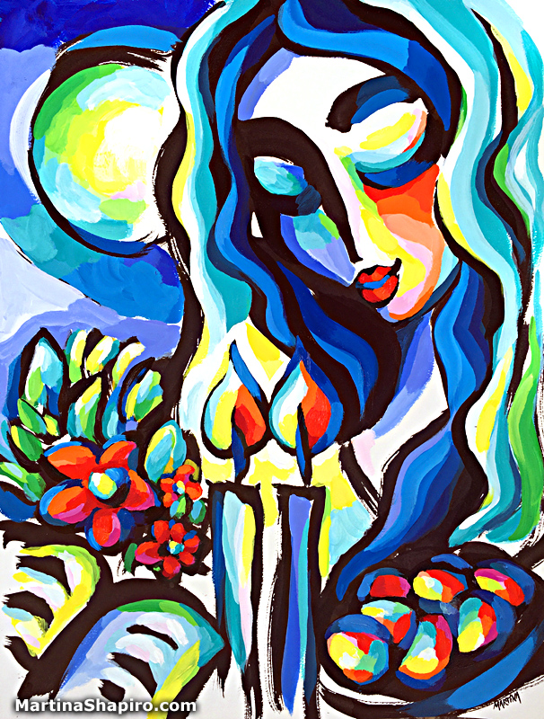 Joy of Shabbat original painting on paper by artist Martina Shapiro