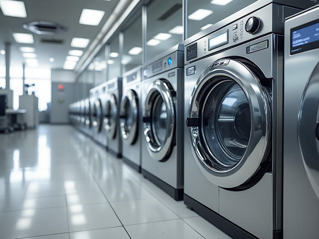 Modern laundromat with a row of sleek silver washing machines in a brightly lit room. Modern laundromat with a row of sleek silver washing machines in a brightly lit room.