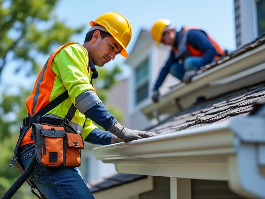 Modern office interior with large windows, stylish furniture, plants, and cityscape view.