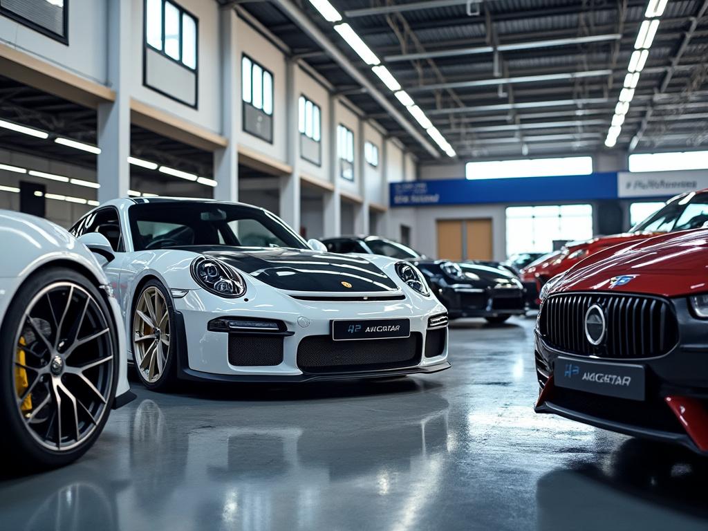 Luxury sports cars on display in a modern showroom with a white Porsche at the forefront.