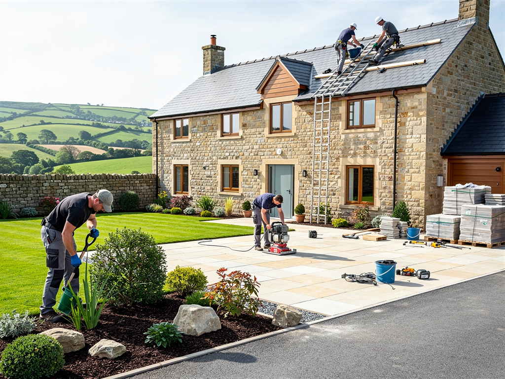 Home renovation workers landscaping garden, laying patio, and repairing slate roof on stone house in rural countryside Home renovation workers landscaping garden, laying patio, and repairing slate roof on stone house in rural countryside