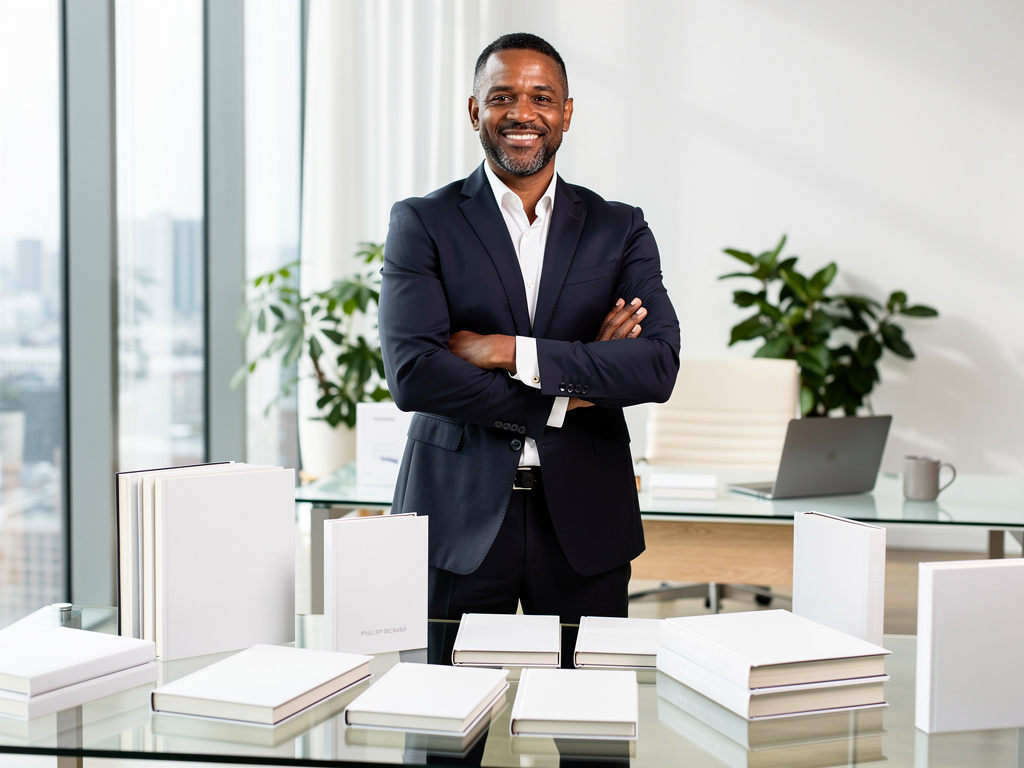 Smiling businessman in suit standing with arms crossed in modern office with books and laptop