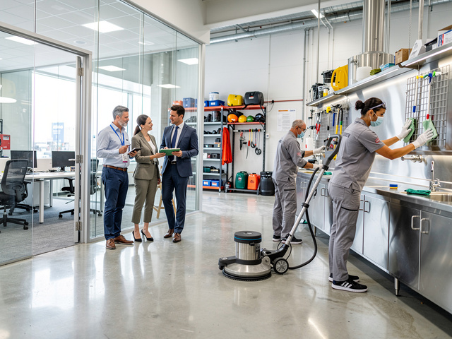 Modern office and facility maintenance area with business team, janitorial staff, cleaning equipment, and organized supplies