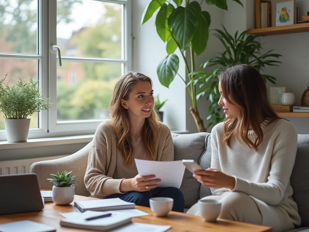 Two women discussing documents on a sofa in a bright home office with laptop, plants, and coffee cups