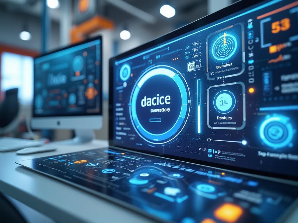 Futuristic digital dashboard interfaces displayed on two computer screens in a modern office setting.