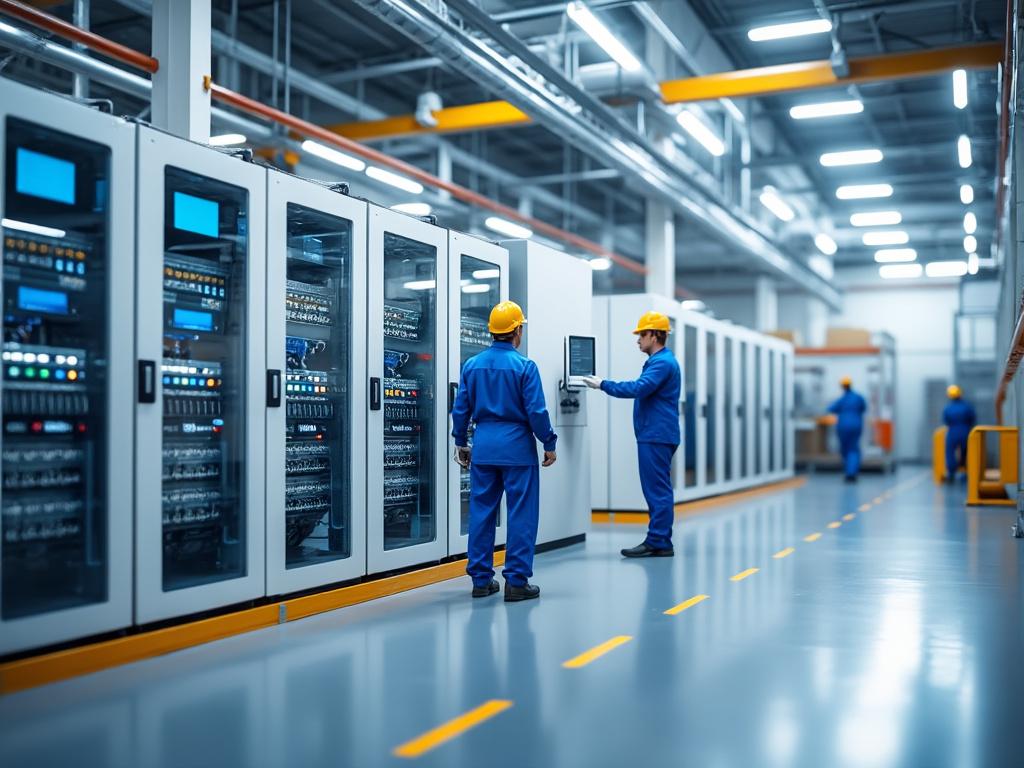 Two engineers in protective uniforms and helmets working in a modern server room with rows of data servers.