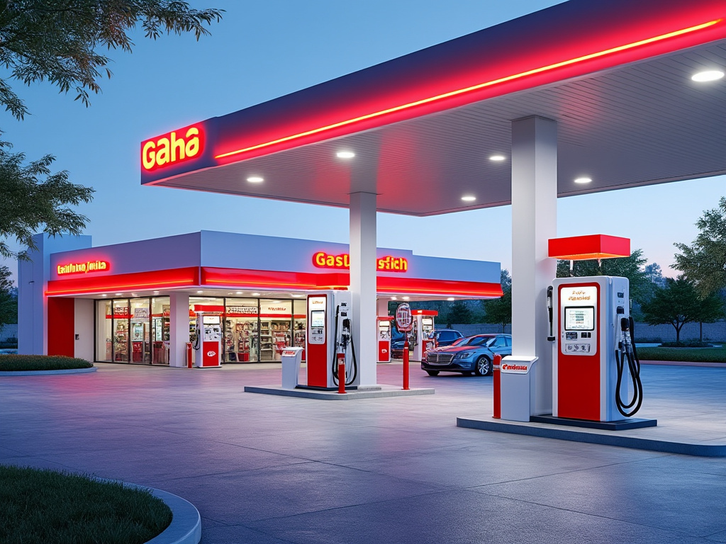 Modern gas station at dusk with bright red signage and multiple fuel pumps, car parked near convenience store entrance.