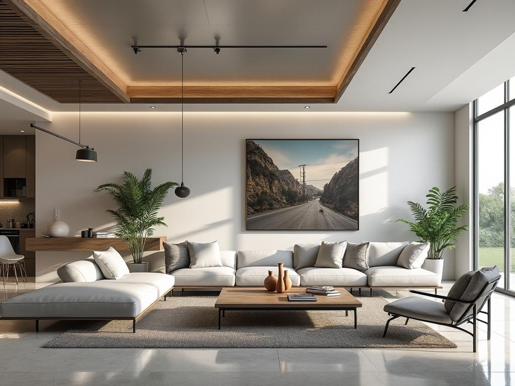 Modern living room with white sectional sofa, large landscape artwork, indoor plants, wooden coffee table, and floor-to-ceiling windows.